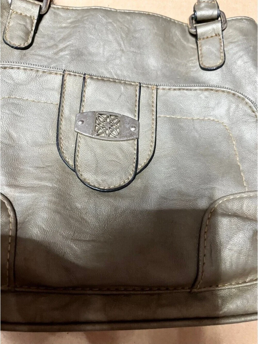 Vintage Chic Metallic Pewter Hobo Shoulder Bag Multi-Pocket Purse